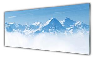 Tablou pe sticla Munte Ceață Peisaj Albastru Alb