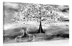 Tablou stârci sub copacul magic în design alb-negru