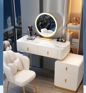 Set Eleanor, Masă de toaletă pentru machiaj cu oglindă iluminată LED, control touch, 4 sertare, comoda, scaun, Bej