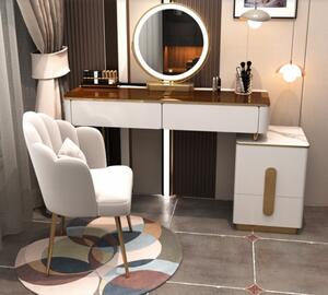 Set Rochelle, Masă de toaletă pentru machiaj cu oglindă iluminată LED, control touch, 4 sertare, comoda, scaun, Alb/Auriu