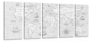 Tablou 5-piese harta lumii cu bărci în design alb-negru