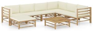 Set mobilier de grădină, 8 piese, perne alb crem, bambus