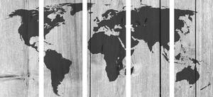 Tablou 5-piese harta în alb-negru pe fundalul de lemn