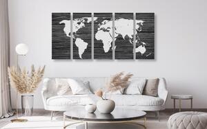 Tablou 5-piese harta lumii pe lemn în design alb-negru
