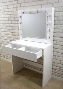 Masa de toaleta Hollywood, oglinda iluminata 12 LED-uri alb cald, sertar depozitare, placi MDF, 80x40x140 cm, alba
