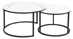 Set 2 masute cafea ATLANTA C, alb cu efect de marmura/negru, sticla/me