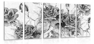 Tablou 5-piese buchetul de trandafiri vintage în design alb-negru
