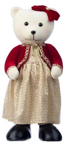 Decoratiune Craciun, Urs cu rochie si funda cu catifea si broderie, crem cu visiniu, 55cm