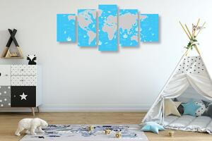 Tablou 5-piese harta lumii în albastru ceresc