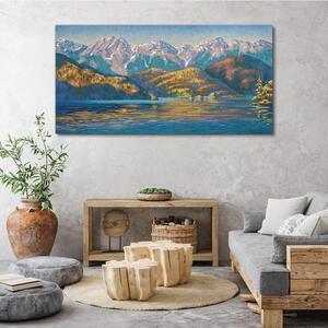 Tablou canvas Pictură munți copaci lac
