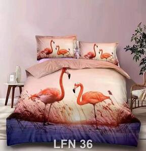 Lenjerie de pat, 2 persoane, finet, 6 piese, bej , cu flamingo, LFN36