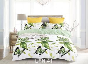 Lenjerie de pat, 2 persoane, finet, 6 piese, alb , cu fluturasi verzi, LFN41