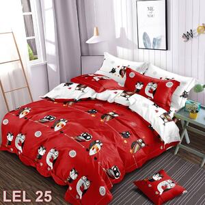 Lenjerie de pat, 2 persoane, finet, 6 piese, cu elastic, rosu si alb, cu bufnite LEL25
