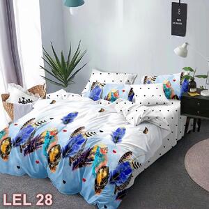 Lenjerie de pat, 2 persoane, finet, 6 piese, cu elastic, alb si albastru, cu pene LEL28