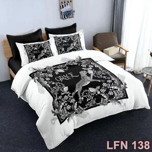 Lenjerie de pat, 2 persoane, 3D, finet, 6 piese, alb si negru, cu leopard, LFN138