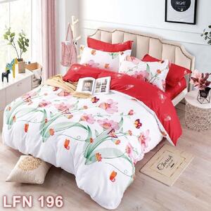 Lenjerie de pat, 2 persoane, finet, 6 piese, alb si rosu, cu flori roz, LFN196