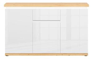 Comodă Boston CM100Stejar Artisan, Alb lucios, Cu sertare și uși, 91x148x43cm