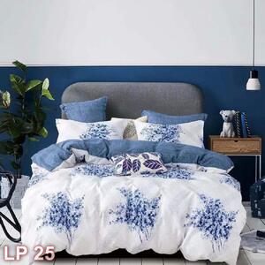 Lenjerie de pat, 1 persoană, finet, 4 piese, alb si albastru, cu flori albastre, LP25