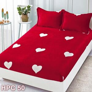 Husa de pat, 2 persoane, cocolino, 3 piese, cu elastic, 180x200cm, roșu , cu inimi albe, HPC50