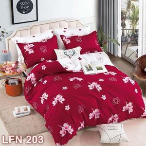 Lenjerie de pat, 2 persoane, finet, 6 piese, rosu si alb, cu flori roz, LFN203