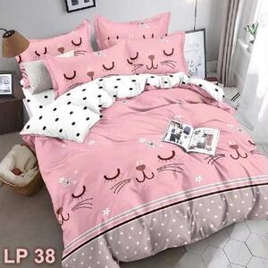 Lenjerie de pat, 1 persoana, finet, 155x230cm, 4 piese, roz si alb, cu ochi de pisica, LP38