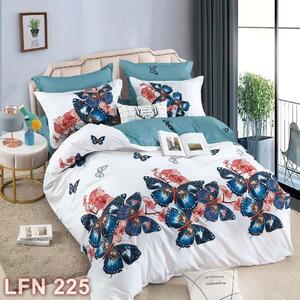 Lenjerie de pat, 2 persoane, finet, 6 piese, alb si bleu, cu fluturasi, LFN225