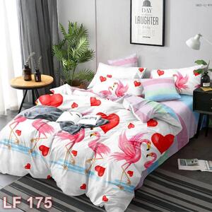 Lenjerie de pat 2 persoane, finet, 6 piese, alb , cu flamingo si inimi, LF175