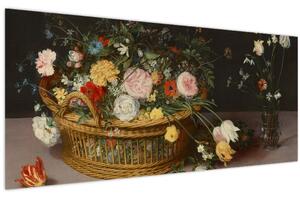 Tablou - Jan Brueghel the Elder, Flowers in a Basket and a Vase, reproducere (120x50 cm)