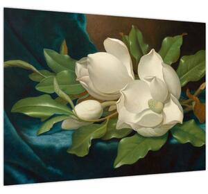 Tablou pe sticlă - Martin Johnson Heade, Giant Magnolias on a Blue Velvet Cloth, reproducere (70x50 cm)