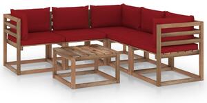 Set mobilier de grădină perne roșu vin, 6 piese lemn pin tratat