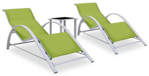 Șezlonguri de plajă cu masă, 2 buc., verde, aluminiu