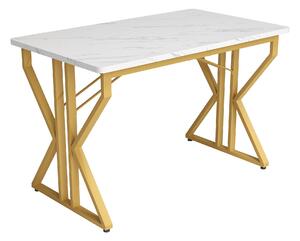 Masă cu picioare din metal, marmorizare modernă, structură metalică stabilă, 119×70×75 cm, Alb+Auriu