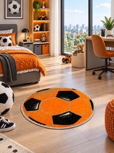 Covor Rotund Camera Copii Minge Fotbal 11198-160, Marime 67 x 67 cm, Portocaliu, Inaltime Fir 9 mm, Antialergic, Polipropilena, Gradinita, Cresa, Loc