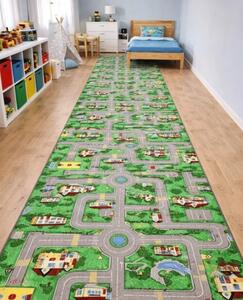 Traversa pentru Copii Roads, Tesatura Plata, Latime 1m, Marime 100 x 300 cm, Verde, Festonata Surfilata Tivita, Antialergica, Polipropilena