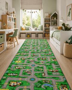 Traversa pentru Copii Roads, Tesatura Plata, Latime 1m, Marime 100 x 300 cm, Verde, Festonata Surfilata Tivita, Antialergica, Polipropilena