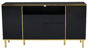 Comodă Modernă Elegantă Lucioasă cu 2 Sertare și 4 Uși, Structură cu LED și Detalii Aurii, 150x40x80 cm pentru Living și Bucătărie, Negru