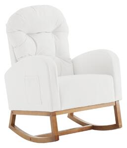 Scaun balansoar cu picioare din lemn masiv, scaun tapițat, fotoliu lounge pentru living, dormitor și balcon, 68,5x88x101 cm, Alb