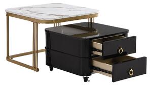 Set de 2 Măsuțe de Cafea Suprapozabile cu Blat din Marmură Lucioasă și Sticlă, Structură din Metal și Sertare, 60x60x42 cm + 50x50x34 cm, Negru