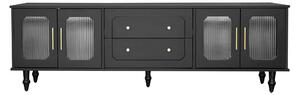 Mobilier TV Retro cu Mânere Aurii, Spațiu Generos de Depozitare, Ușă din Sticlă și Picioare din Lemn Masiv, 175x38x55,5 cm, Negru