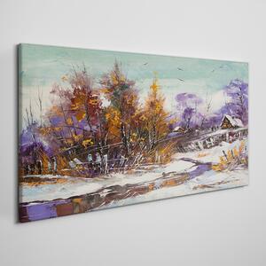 Tablou canvas iarnă zăpadă copaci colibă ​​râu