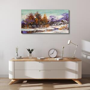 Tablou canvas iarnă zăpadă copaci colibă ​​râu