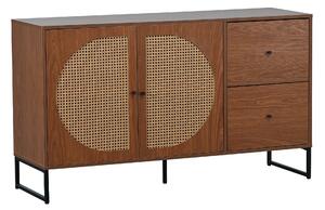 Comodă Modernă cu 2 Uși Decorate în Rattan și 2 Sertare, Mânere din Metal, Multiutilizare pentru Living, Bucătărie și Birou, 130x40x75 cm, Culoare nuc