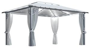 Pavilion cu perdele & șiruri lumini LED, crem, 4x3 m, aluminiu