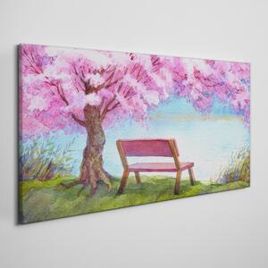 Tablou canvas bancă copac flori apă