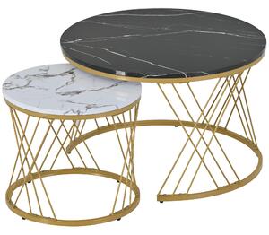 Set de Măsuțe de Cafea Moderne cu Îmbinare, Măsuțe cu Finisaj Efect de Marmură și Structură Metalică Aurie, 70x70x45 cm și 45x45x40 cm, Negru