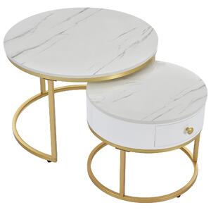 Set 2 Mese de Cafea Moderne Suprapuse cu Efect de Marmură Lucioasă, Structură din Metal, potrivite pentru Living, 70x70x48 cm și 50x50x43,5 cm, Alb