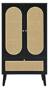Comodă compactă, design din ratan, 2 uși, 1 sertar, 60×40×110,5 cm, Negru