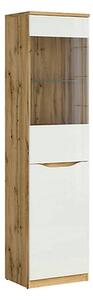 Dulap cu vitrina NUIS, alb lucios/stejar, PAL, 50x40x198 cm