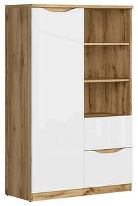 Comoda NUIS, stejar/alb lucios, 90x40x141 cm