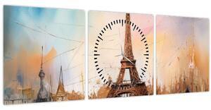 Tablou - Pictură a Turnului Eiffel (cu ceas) (90x30 cm)